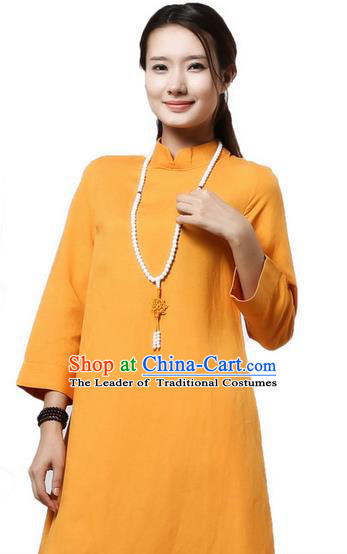 Top Chinese Traditional Costume Tang Suit Yellow Qipao Dress, Pulian Clothing China Cheongsam Upper Outer Garment Stand Collar Dress for Women