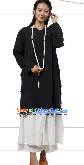 Top Chinese Traditional Costume Tang Suit Black Linen Qipao Dress, Pulian Zen Clothing China Cheongsam Upper Outer Garment Dress for Women