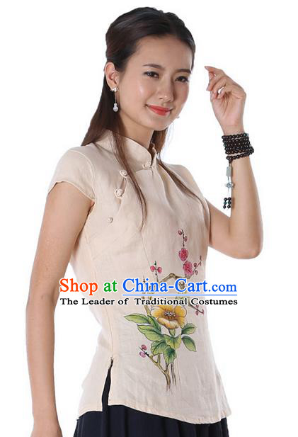 Top Chinese Traditional Costume Tang Suit Beige Painting Trumpet Flowers Blouse, Pulian Zen Clothing China Cheongsam Upper Outer Garment Stand Collar Shirts for Women