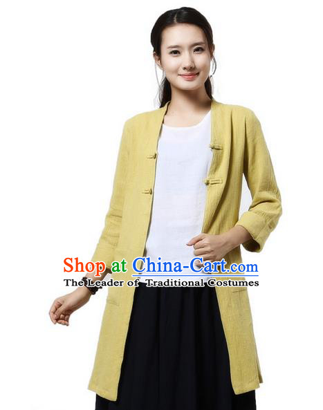 Top Chinese Traditional Costume Tang Suit Yellow Coats, Pulian Zen Clothing China Cheongsam Upper Outer Garment Plated Buttons Dust Coats for Women