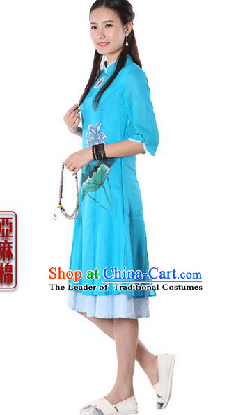 Top Chinese Traditional Costume Tang Suit Linen Blue Painting Lotus Qipao Dress, Pulian Clothing China Cheongsam Upper Outer Garment Dress for Women
