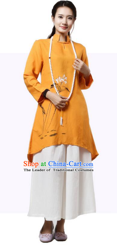 Top Chinese Traditional Costume Tang Suit Linen Painting Lotus Qipao Dress, Pulian Clothing China Republic of China Cheongsam Upper Outer Garment Yellow Dress for Women