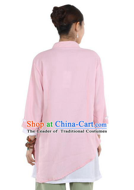 Top Chinese Traditional Costume Tang Suit Double-deck Linen Blouse, Pulian Clothing China Cheongsam Upper Outer Garment Pink Plated Buttons Shirt for Women