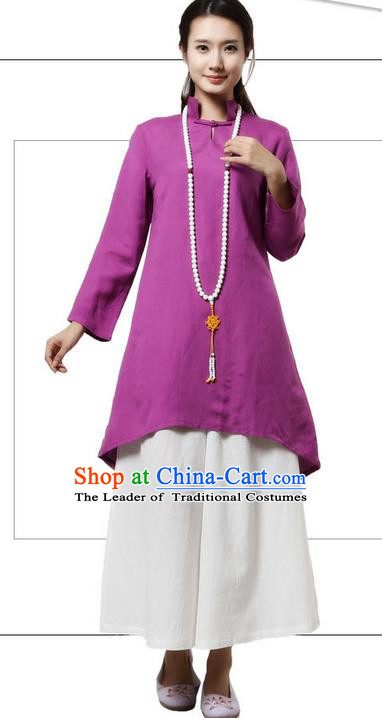 Top Chinese Traditional Costume Tang Suit Linen Qipao Dress, Pulian Clothing China Republic of China Cheongsam Upper Outer Garment Purple Dress for Women