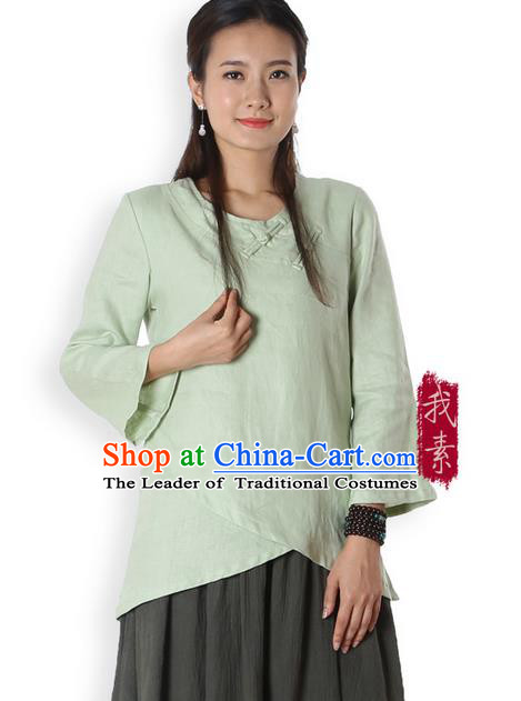 Top Chinese Traditional Costume Tang Suit Green Blouse, Pulian Zen Clothing China Cheongsam Upper Outer Garment Plated Buttons Shirts for Women