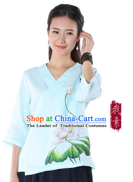 Top Chinese Traditional Costume Tang Suit Blue Painting Pink Lotus Blouse, Pulian Zen Clothing China Cheongsam Upper Outer Garment Slant Opening Shirts for Women