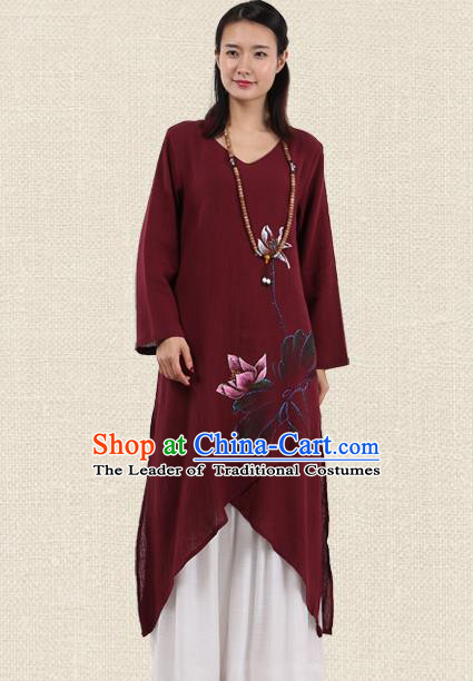 Top Chinese Traditional Costume Tang Suit Wine Red Linen Painting Lotus Qipao Dress, Pulian Meditation Clothing China Cheongsam Upper Outer Garment Dress for Women