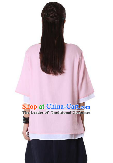 Top Chinese Traditional Costume Tang Suit Double-deck Pink Blouse, Pulian Zen Clothing China Cheongsam Upper Outer Garment Plated Buttons Shirts for Women