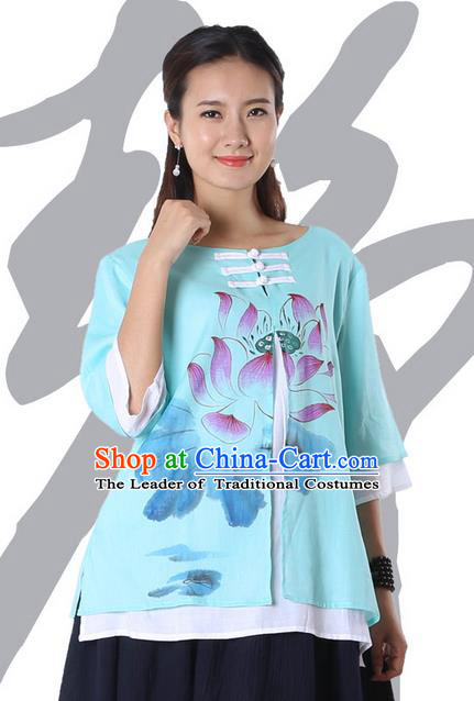 Top Chinese Traditional Costume Tang Suit Double-deck Blue Painting Lotus Blouse, Pulian Zen Clothing China Cheongsam Upper Outer Garment Plated Buttons Shirts for Women