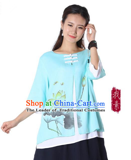Top Chinese Traditional Costume Tang Suit Double-deck Blue Ink Painting Lotus Blouse, Pulian Zen Clothing China Cheongsam Upper Outer Garment Plated Buttons Shirts for Women