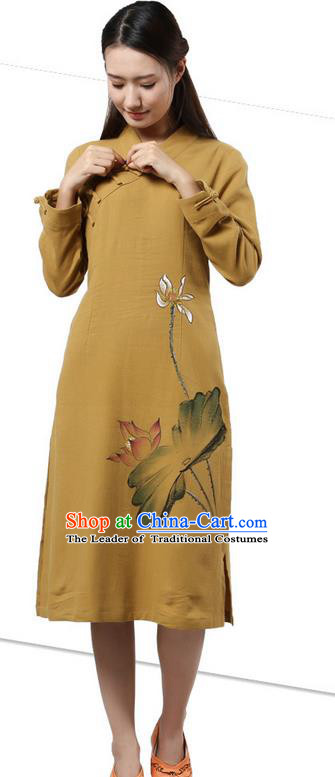 Top Chinese Traditional Costume Tang Suit Slant Opening Plated Buttons Qipao Dress, Pulian Clothing Republic of China Cheongsam Painting Lotus Khaki Dress for Women