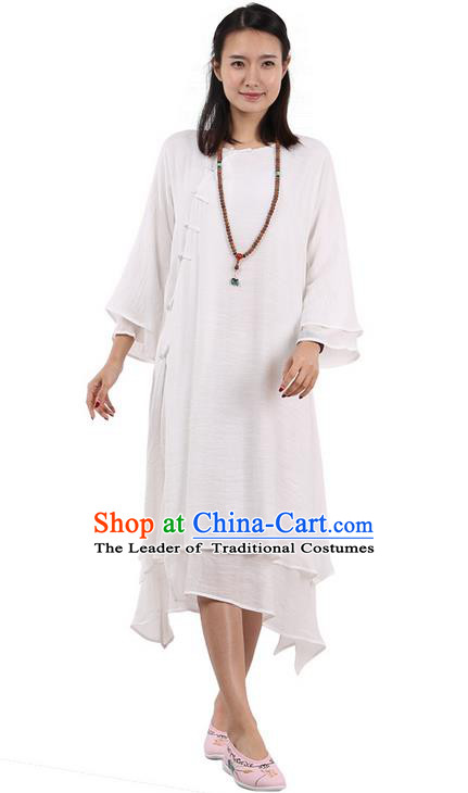 Top Chinese Traditional Costume Tang Suit White Plated Buttons Qipao Dress, Pulian Clothing Republic of China Cheongsam Dress for Women