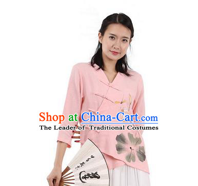Top Chinese Traditional Costume Tang Suit Slant Opening Painting Lotus Pink Blouse, Pulian Zen Clothing China Cheongsam Upper Outer Garment Plated Buttons Shirts for Women