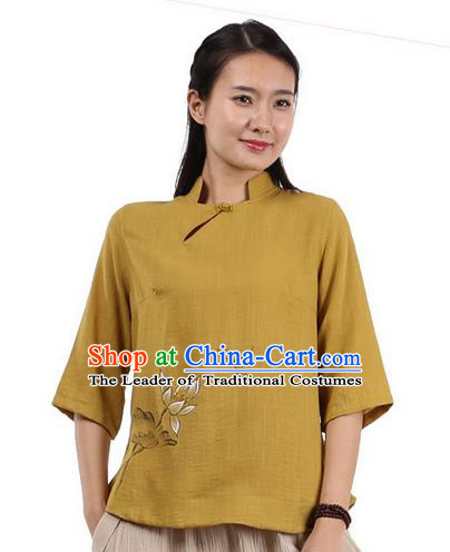 Top Chinese Traditional Costume Tang Suit Yellow Painting Lotus Blouse, Pulian Zen Clothing China Cheongsam Upper Outer Garment Shirts for Women
