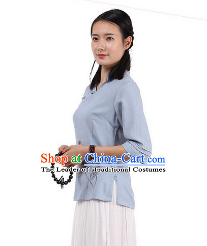 Top Chinese Traditional Costume Tang Suit Blue Painting Lotus Blouse, Pulian Zen Clothing China Cheongsam Upper Outer Garment Slant Opening Shirts for Women
