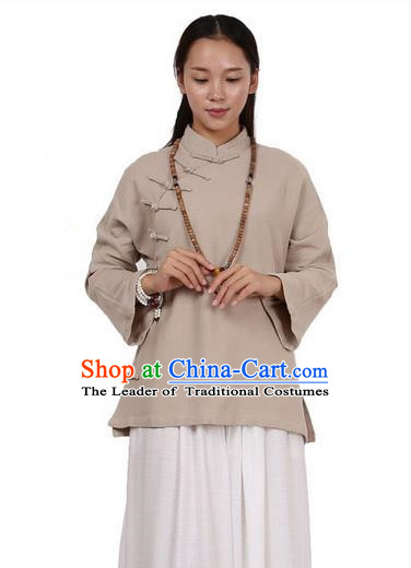 Top Chinese Traditional Costume Tang Suit Linen Upper Outer Garment Khaki Blouse, Pulian Zen Clothing Republic of China Cheongsam Shirts for Women
