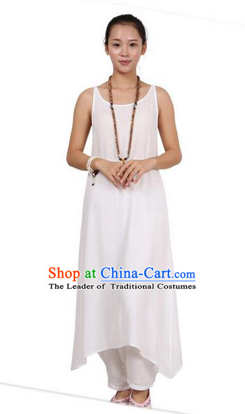 Top Chinese Traditional Costume Tang Suit Linen Sundress, Pulian Zen Clothing Republic of China Pinafore Dress White Dress for Women