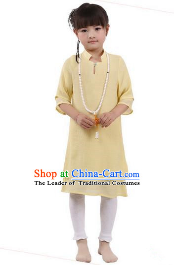 Top Chinese Traditional Costume Tang Suit Linen Qipao Children Dress, Pulian Zen Clothing Republic of China Cheongsam Yellow Dress for Kids