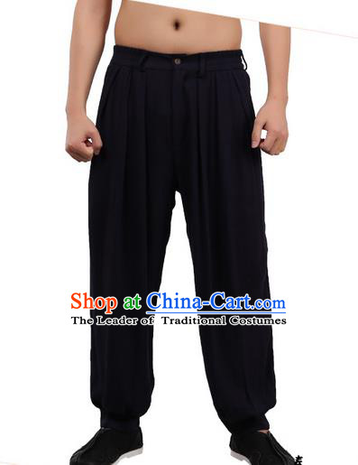 Top Chinese Traditional Linen Kong Fu Loose Pants, Pulian Zen Clothing China Martial Art Plus Fours Bloomers Black Trousers for Men