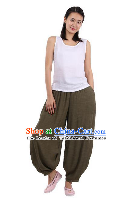 Top Chinese Traditional Linen Kong Fu Loose Pants, Pulian Zen Clothing China Martial Art Plus Fours Bloomers Army Green Trousers for Women