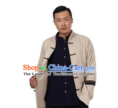 Traditional Chinese Kung Fu Costume Pulian Meditation Clothing Martial Arts Linen Plated Buttons Coats, China Tang Suit Upper Outer Garment Jacket Beige Overcoat for Men