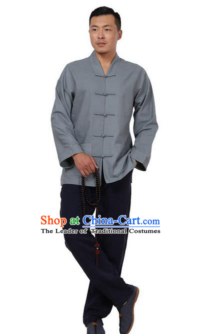 Traditional Chinese Kung Fu Costume Pulian Meditation Clothing Martial Arts Linen Plated Buttons Shirts, China Tang Suit Upper Outer Garment Grey Overcoat for Men