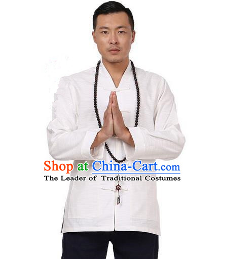 Traditional Chinese Kung Fu Costume Pulian Meditation Clothing Martial Arts Linen Plated Buttons Shirts, China Tang Suit Upper Outer Garment White Overcoat for Men