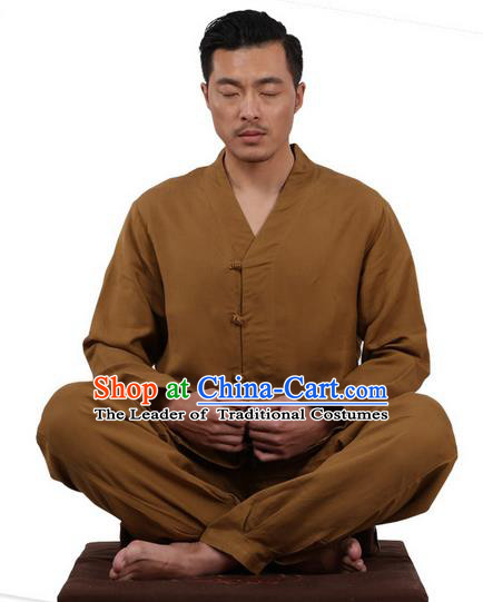 Traditional Chinese Kung Fu Costume Martial Arts Linen Slant Opening Coffee Suits Pulian Meditation Clothing, China Tang Suit Uniforms Tai Chi Clothing for Men