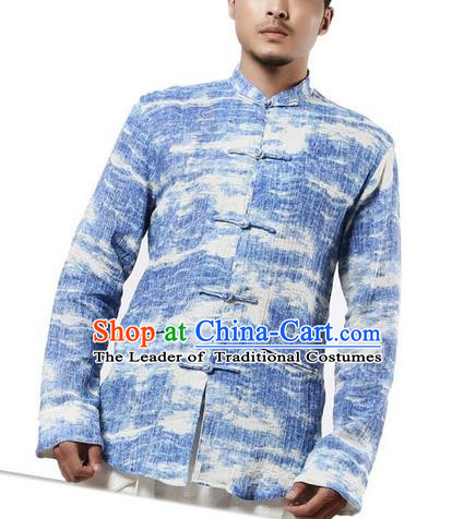 Traditional Chinese Kung Fu Costume Martial Arts Tang Suit Shirts Pulian Meditation Clothing, China Tai Chi Plated Buttons Blue Overshirts for Men