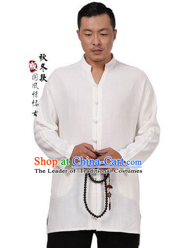 Traditional Chinese Kung Fu Costume Martial Arts Tang Suit Plated Buttons Shirts Pulian Meditation Clothing, China Tai Chi White Overshirts for Men