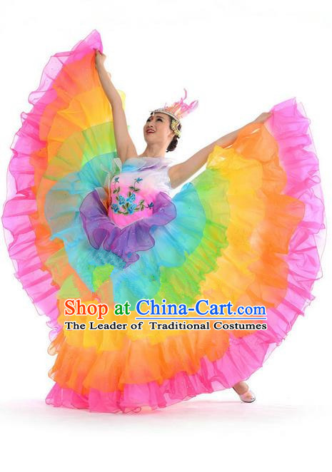 Chinese Classic Stage Performance Chorus Singing Group Dance Costumes, Opening Dance Folk Dance Big Swing Dress for Women