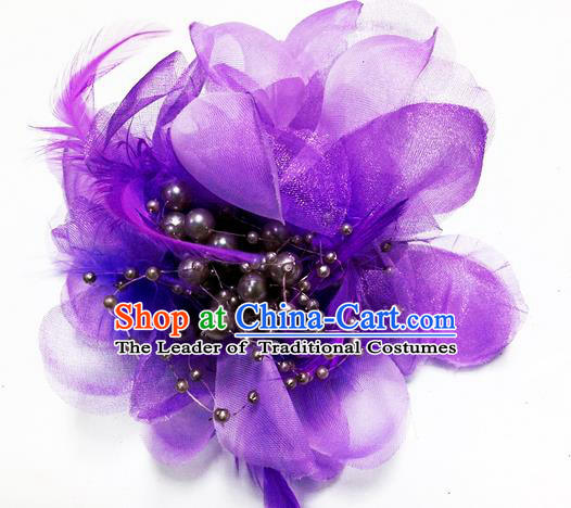 Traditional Chinese Folk Dance Headwear Yangko Hair Accessories, Chinese Classical Dance Purple Feather Headpiece Hair Pin for Women