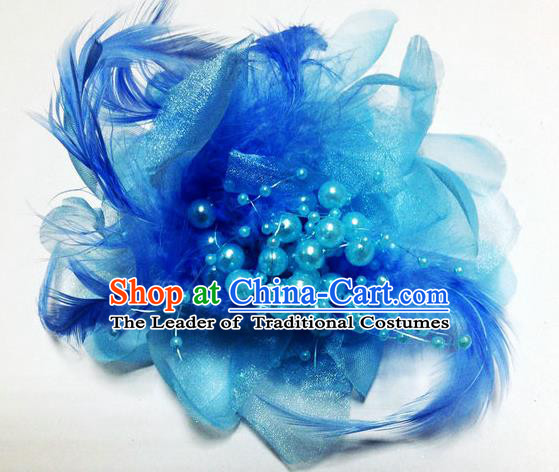 Traditional Chinese Folk Dance Headwear Yangko Hair Accessories, Chinese Classical Dance Blue Feather Headpiece Hair Pin for Women