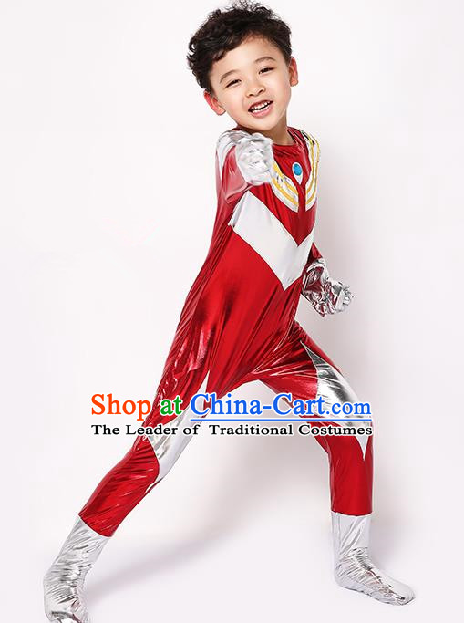 Chinese Modern Dance Costume, Children Cosplay Ultraman Uniforms, Halloween Party Red Suit for Boys Kids