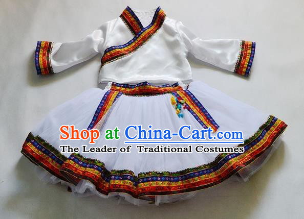 Traditional Chinese Zang Nationality Dancing Costume, Tibetan Children Folk Dance Ethnic Pleated Skirt, Chinese Tibetan Minority White Dress for Kids