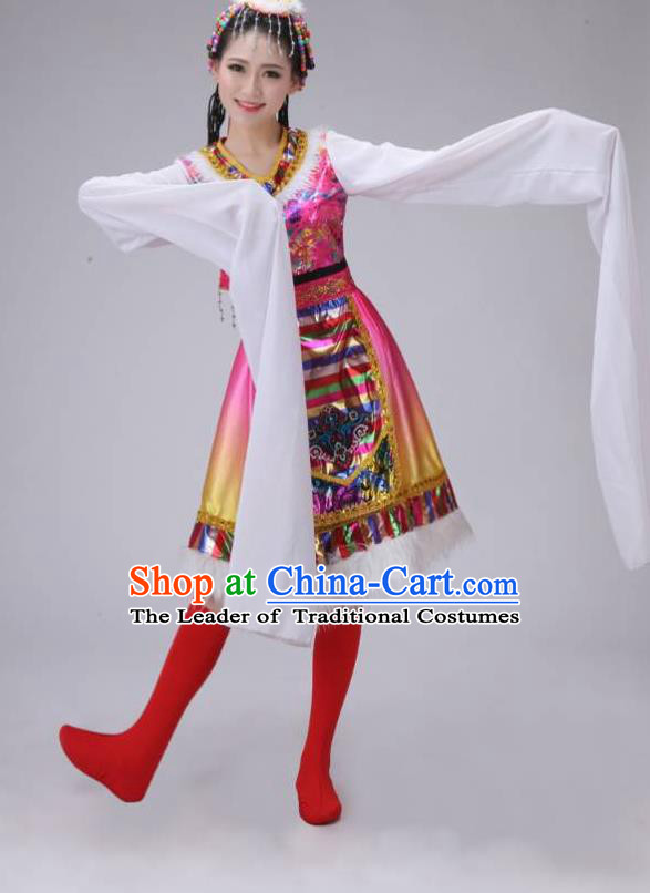 Traditional Chinese Zang Nationality Dancing Costume, Tibetan Female Folk Dance Ethnic Pleated Skirt, Chinese Tibetan Minority Pink Water Sleeve Dress for Women