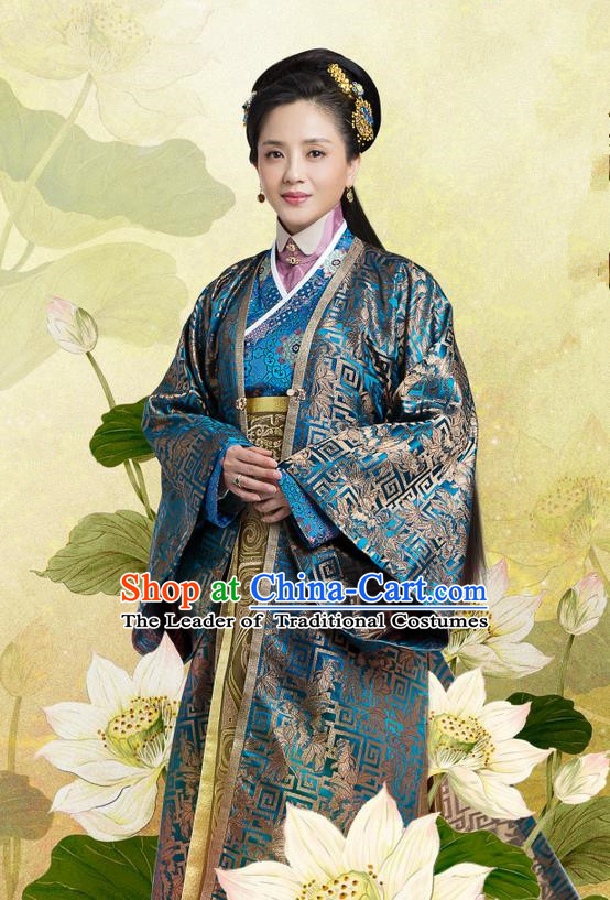 Traditional Chinese Ancient Song Dynasty Imperial Consort Costume and Headpiece Complete Set, Chinese Teleplay Flower Shabana Flyings Sky Senior Concubine Embroidered Dress for Women