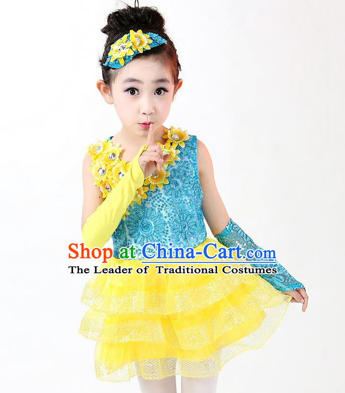 Top Grade Professional Performance Catwalks Costume, Children Chorus Full Dress Modern Dance Little Princess Paillette Yellow Bubble Dress for Girls Kids