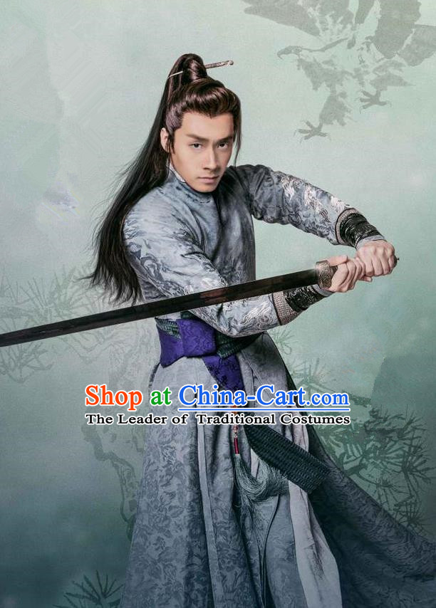Traditional Chinese Song Dynasty Swordsman Dandies Costume and Handmade Headpiece Complete Set, China Ancient Chivalrous Expert Clothing for Men