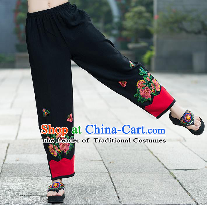 Traditional Chinese National Costume Plus Fours, Elegant Hanfu Embroidered Black Linen Bloomers, China Ethnic Minorities Tang Suit Pantalettes for Women