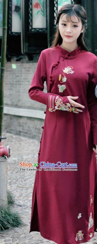 Traditional Ancient Chinese National Costume, Elegant Hanfu Mandarin Qipao Linen Hand Embroidery Wine Red Dress, China Tang Suit Chirpaur Republic of China Stand Collar Cheongsam Upper Outer Garment Elegant Dress Clothing for Women