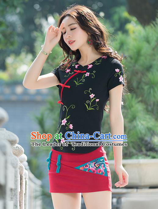 Traditional Chinese National Costume, Elegant Hanfu Embroidery Flowers Slant Opening Black T-Shirt, China Tang Suit Republic of China Plated Buttons Chirpaur Blouse Cheong-sam Upper Outer Garment Qipao Shirts Clothing for Women