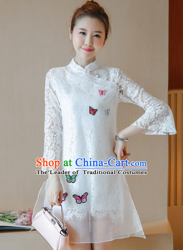 Traditional Ancient Chinese National Costume, Elegant Hanfu Mandarin Qipao Embroidered Butterflies White Lace Dress, China Tang Suit Chirpaur Republic of China Cheongsam Upper Outer Garment Elegant Dress Clothing for Women