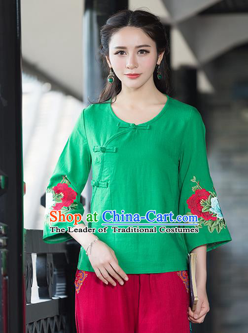 Traditional Chinese National Costume, Elegant Hanfu Embroidery Flowers Slant Opening Mandarin Sleeve Green T-Shirt, China Tang Suit Republic of China Plated Buttons Chirpaur Blouse Cheong-sam Upper Outer Garment Qipao Shirts Clothing for Women