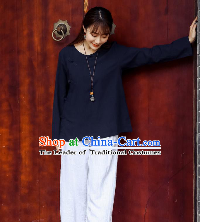 Traditional Chinese National Costume, Elegant Hanfu Linen Slant Opening Navy Shirt, China Tang Suit Republic of China Plated Buttons Chirpaur Blouse Cheong-sam Upper Outer Garment Qipao Shirts Clothing for Women