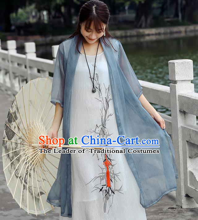 Traditional Ancient Chinese National Costume, Elegant Hanfu Chiffon Blue Cardigan Coat, China Tang Suit Plated Buttons Cape, Upper Outer Garment Dust Coat Cloak Clothing for Women