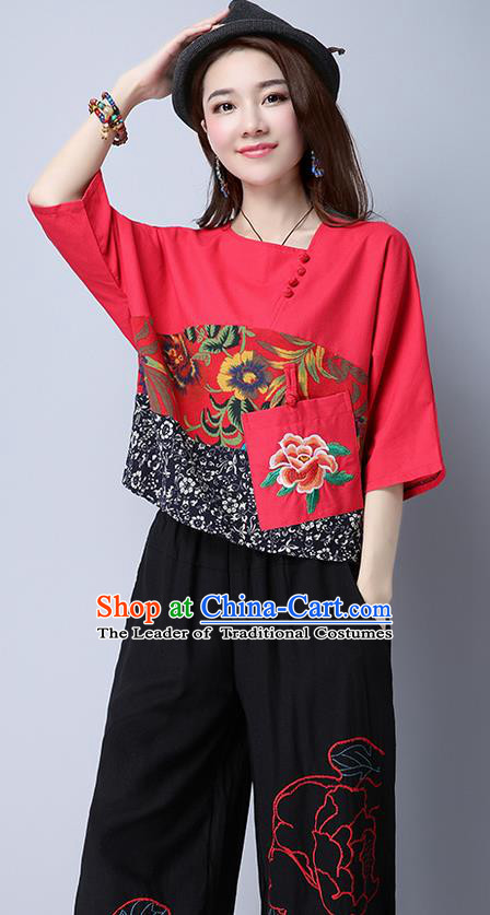 Traditional Chinese National Costume, Elegant Hanfu Patch Embroidery Flowers Red Blouse, China Tang Suit Republic of China Plated Buttons Chirpaur Blouse Cheong-sam Upper Outer Garment Qipao Shirts Clothing for Women