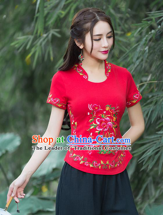 Traditional Chinese National Costume, Elegant Hanfu Embroidery Flowers Stand Collar Red T-Shirt, China Tang Suit Republic of China Chirpaur Blouse Cheong-sam Upper Outer Garment Qipao Shirts Clothing for Women