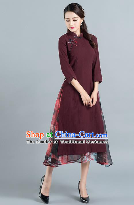 Traditional Ancient Chinese National Costume, Elegant Hanfu Mandarin Qipao Stand Collar Dress, China Tang Suit Plated Button Chirpaur Republic of China Cheongsam Upper Outer Garment Elegant Dress Clothing for Women