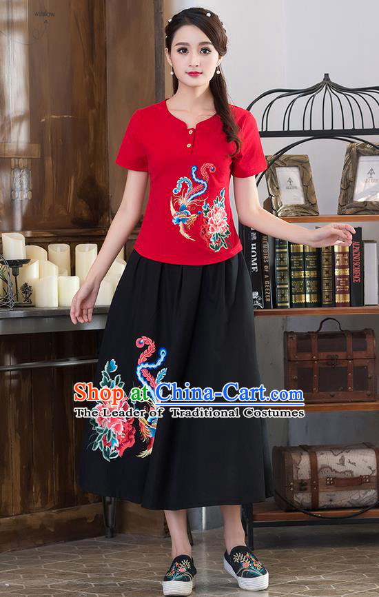 Traditional Chinese National Costume, Elegant Hanfu Embroidery Phoenix Flowers Red T-Shirt, China Tang Suit Republic of China Chirpaur Blouse Cheong-sam Upper Outer Garment Qipao Shirts Clothing for Women